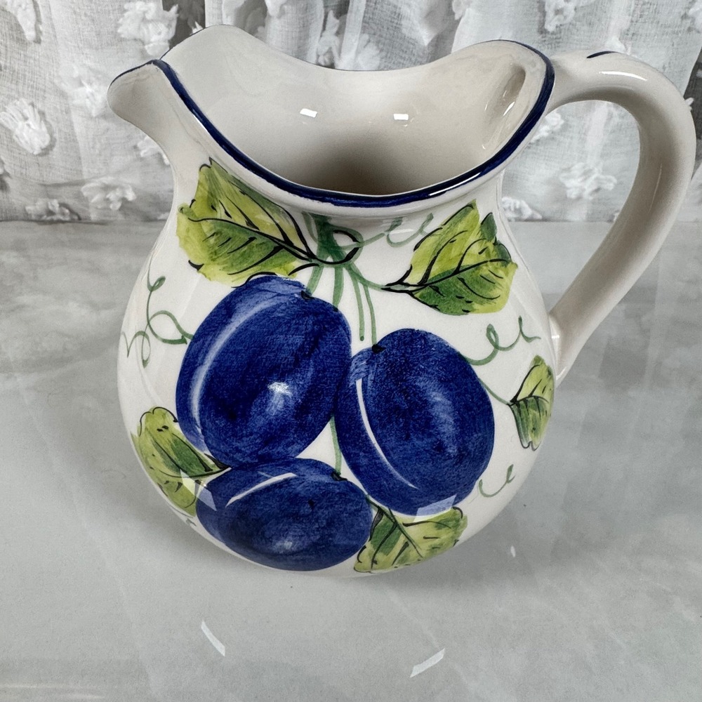 Zanolli Ceramic Pitcher Jug Handpainted Plums Italy‎ Fruit Farmhouse Cottagecore